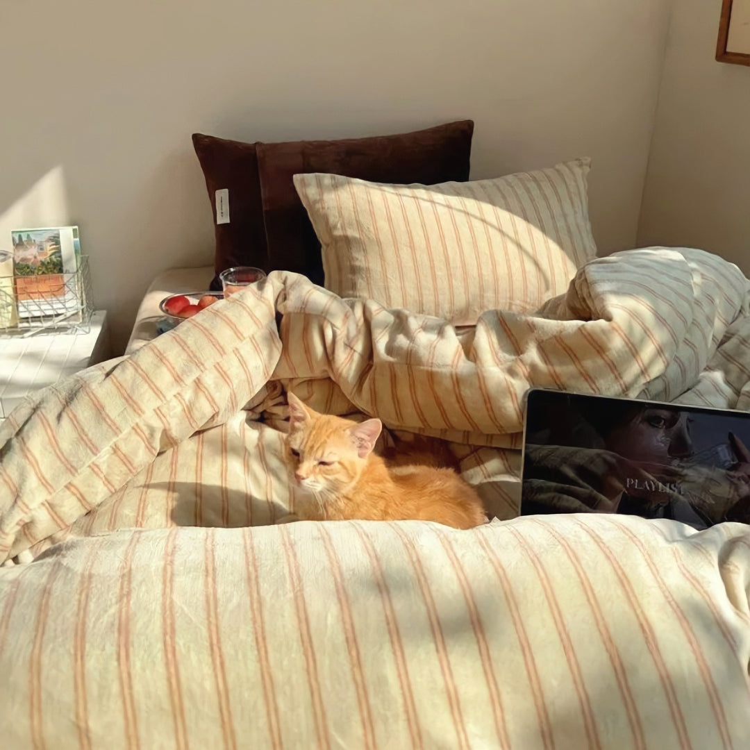 ストライプミルクフリース寝具セット　キャメル