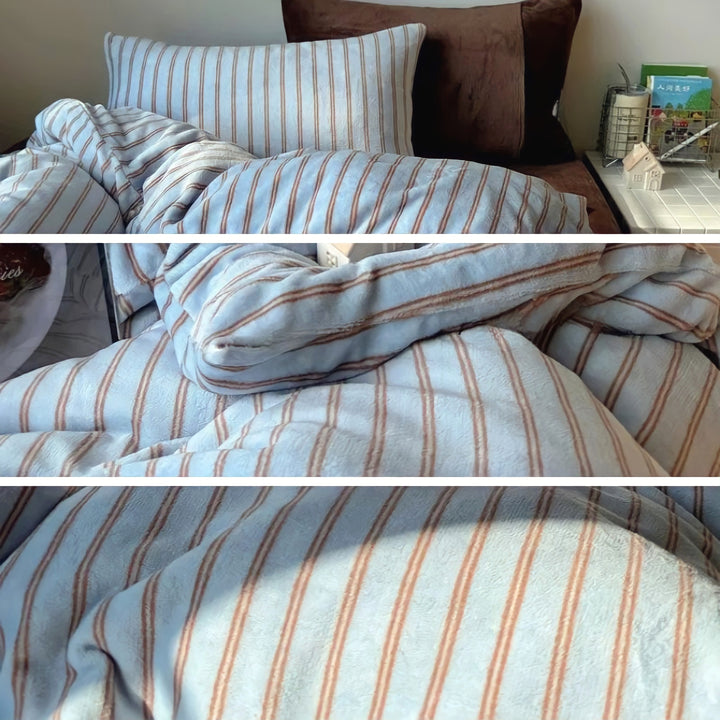 ストライプミルクフリース寝具セット　ブルー