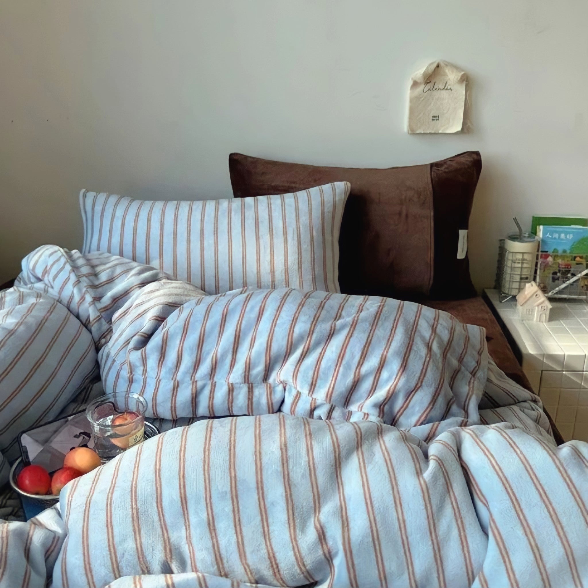 ストライプミルクフリース寝具セット　ブルー