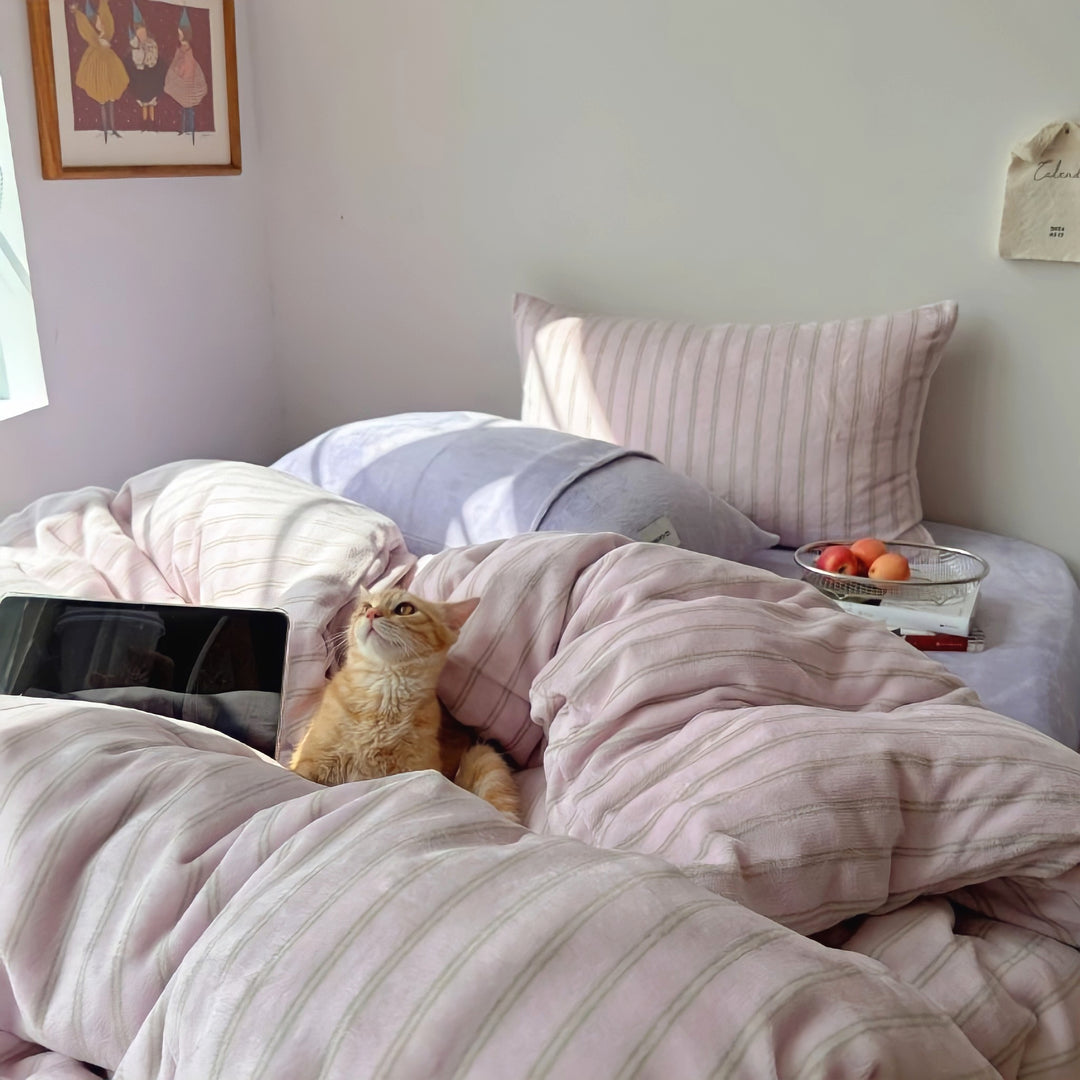 ストライプミルクフリース寝具セット　ピンク