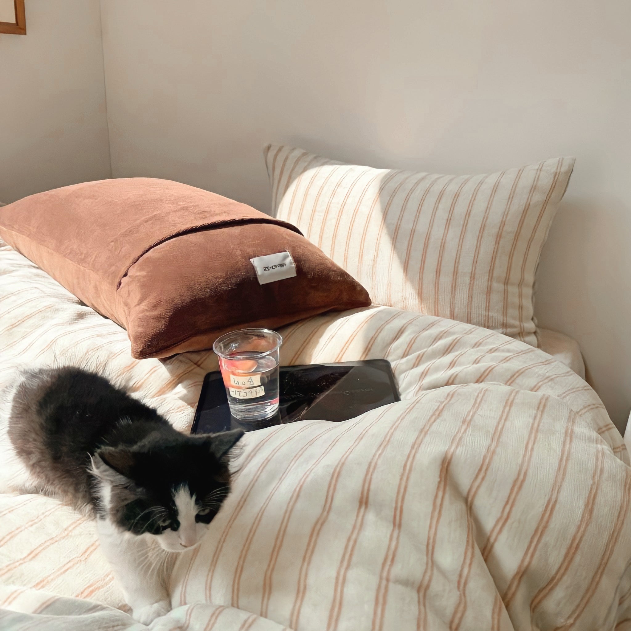 Striped Milk Fleece Bedding Set, Camel