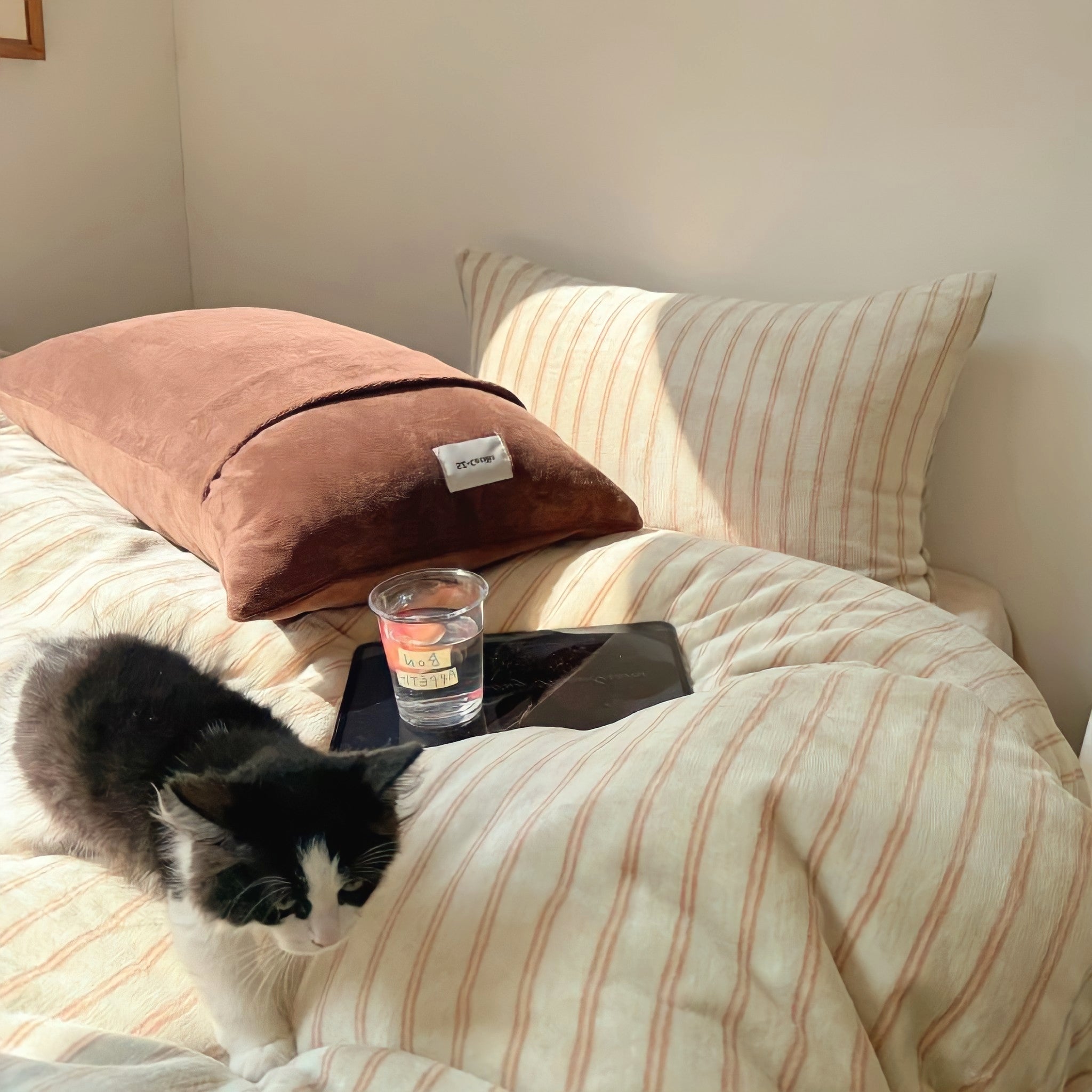 ストライプミルクフリース寝具セット　キャメル