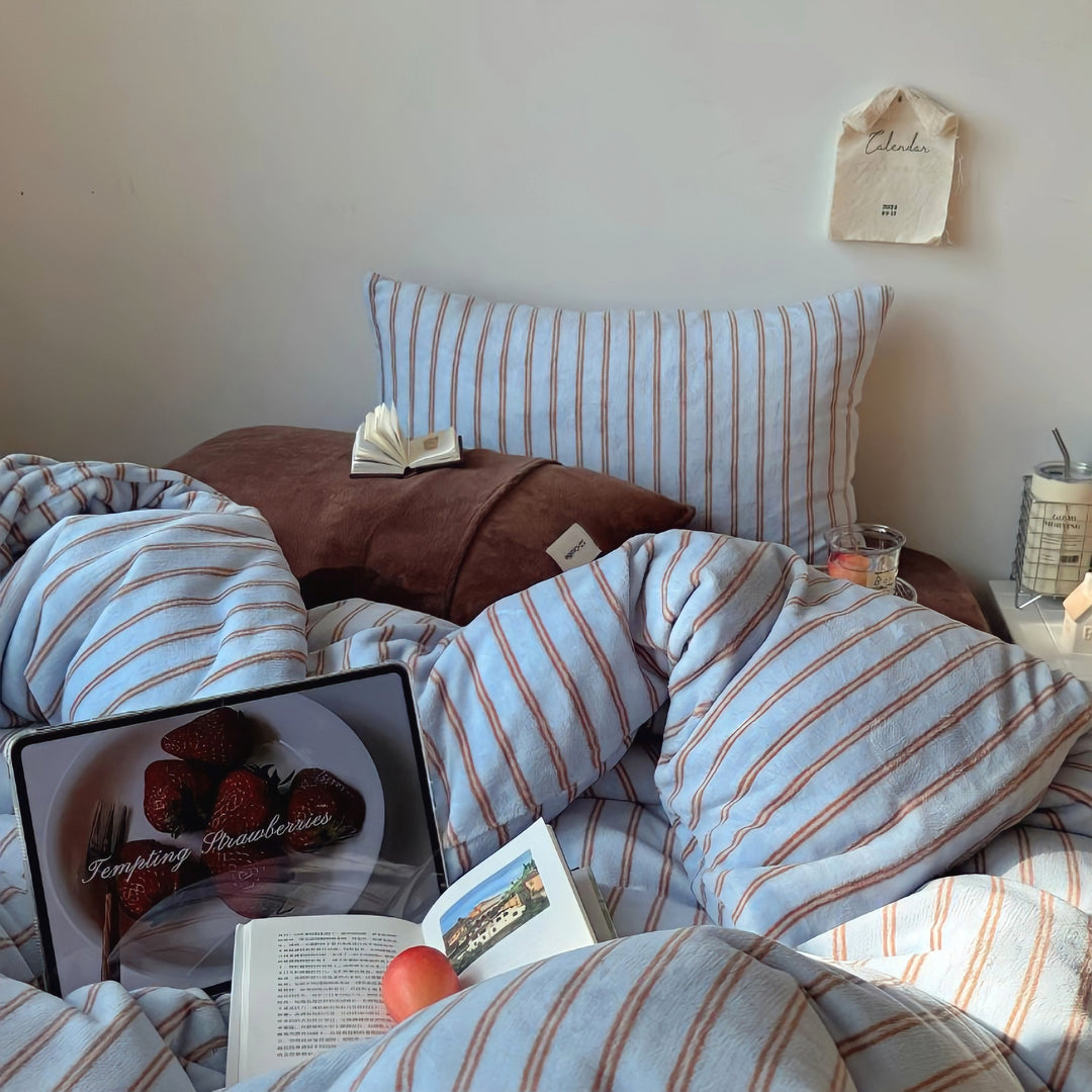 ストライプミルクフリース寝具セット　ブルー