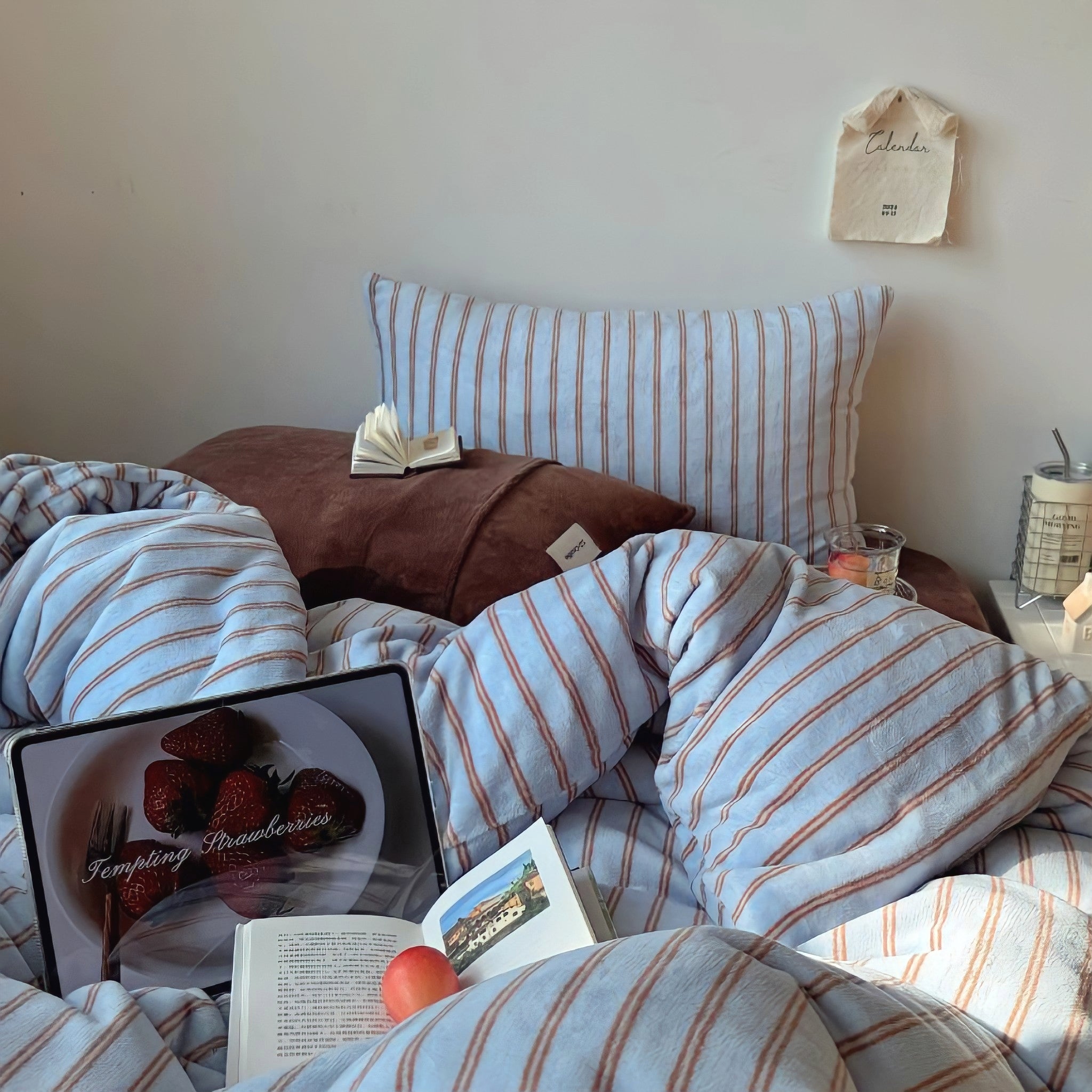 ストライプミルクフリース寝具セット　ブルー