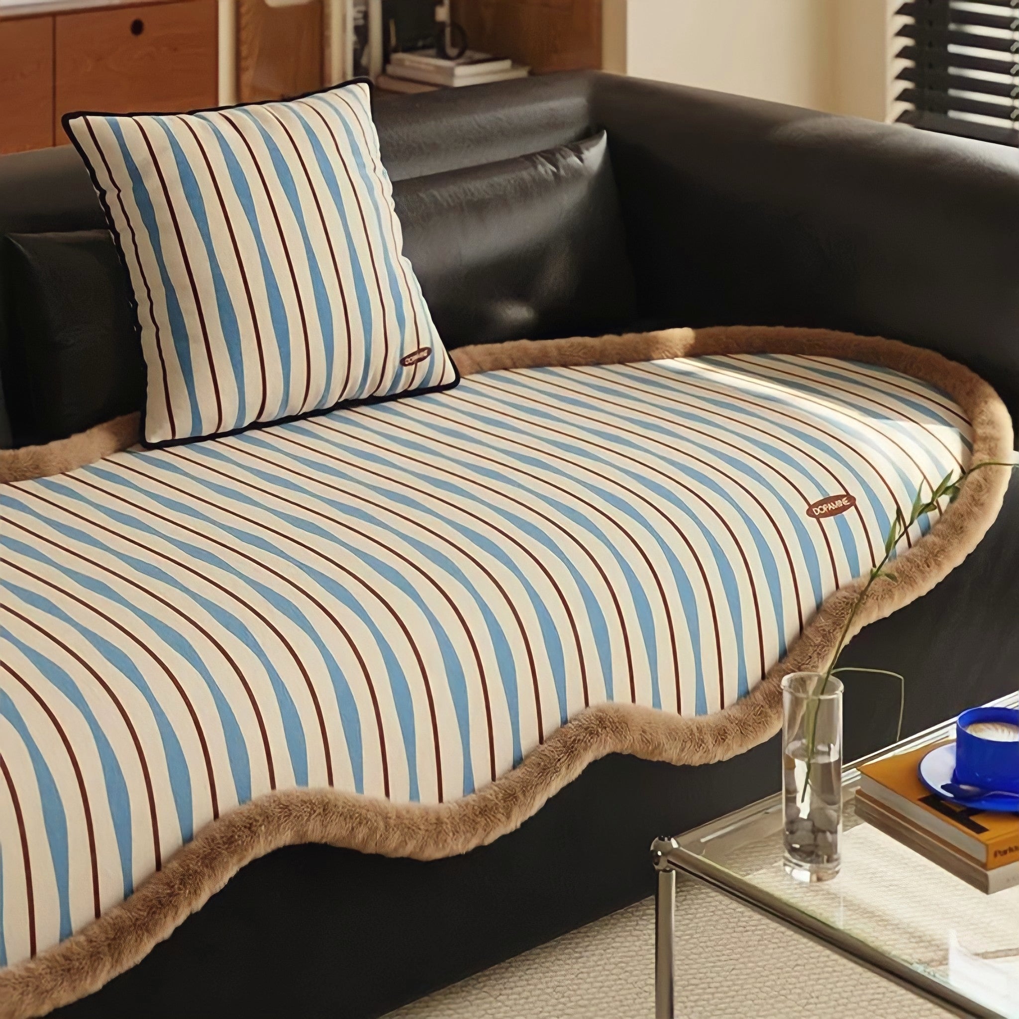 レトロウェーブストライプソファシートクッション　ブルー