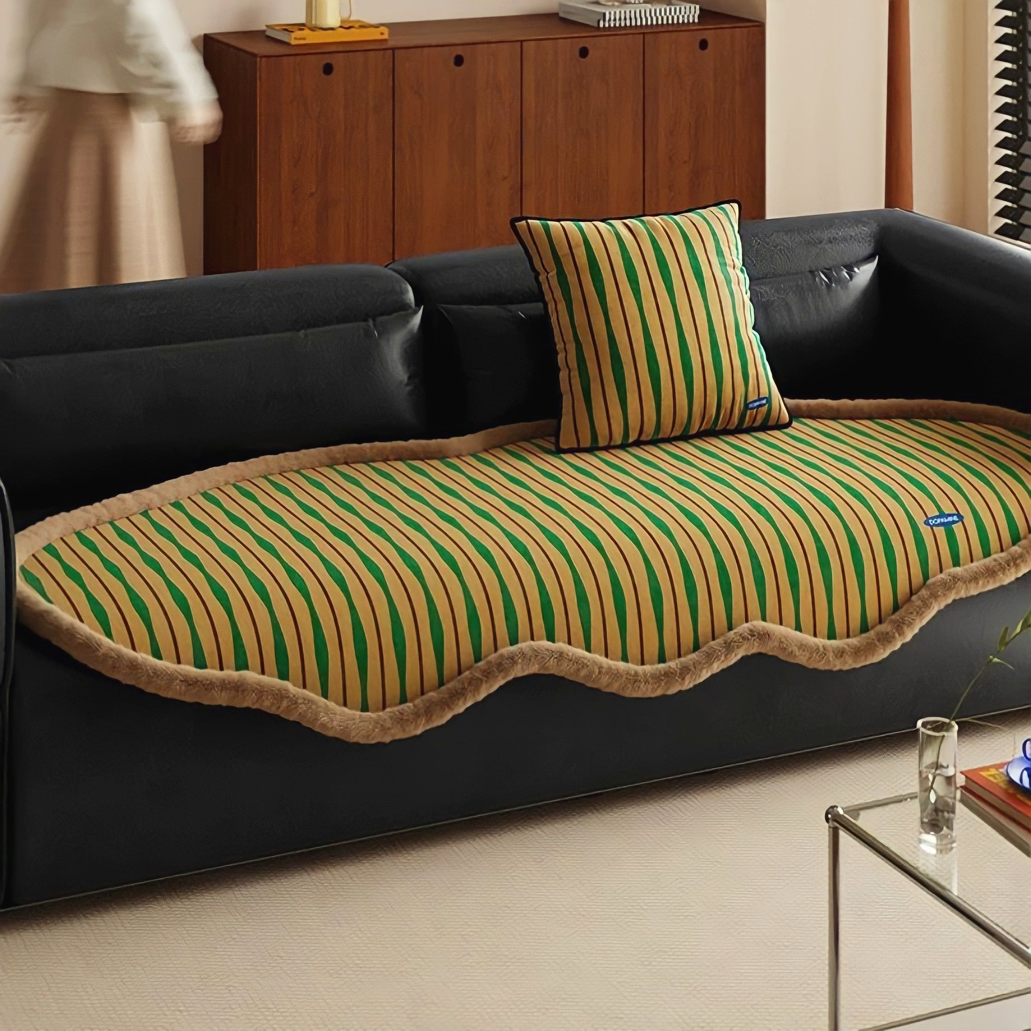 レトロウェーブストライプソファシートクッション　キャラメル