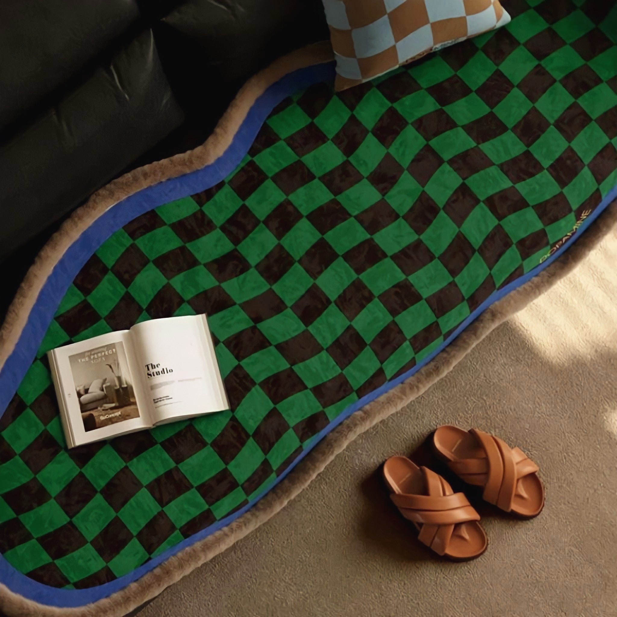 ウェーブブロックチェックシートクッション　ブルー