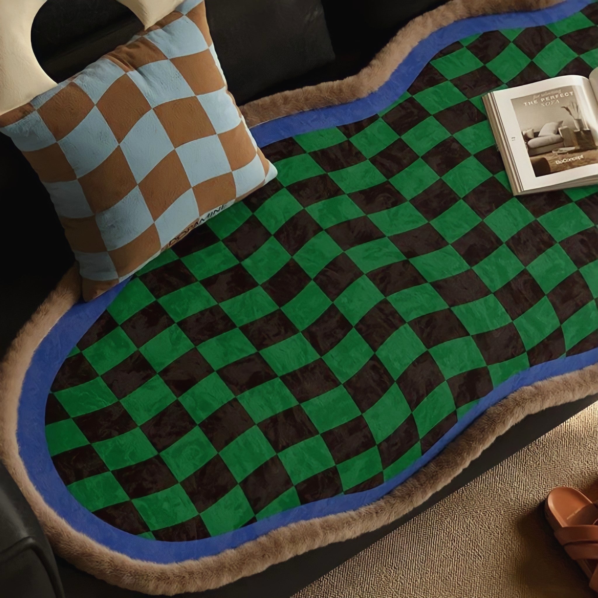 ウェーブブロックチェックシートクッション　ブルー