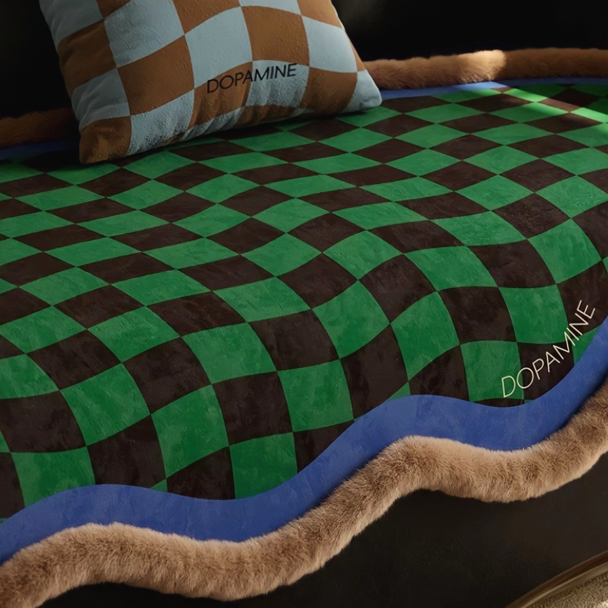 ウェーブブロックチェックシートクッション　ブルー