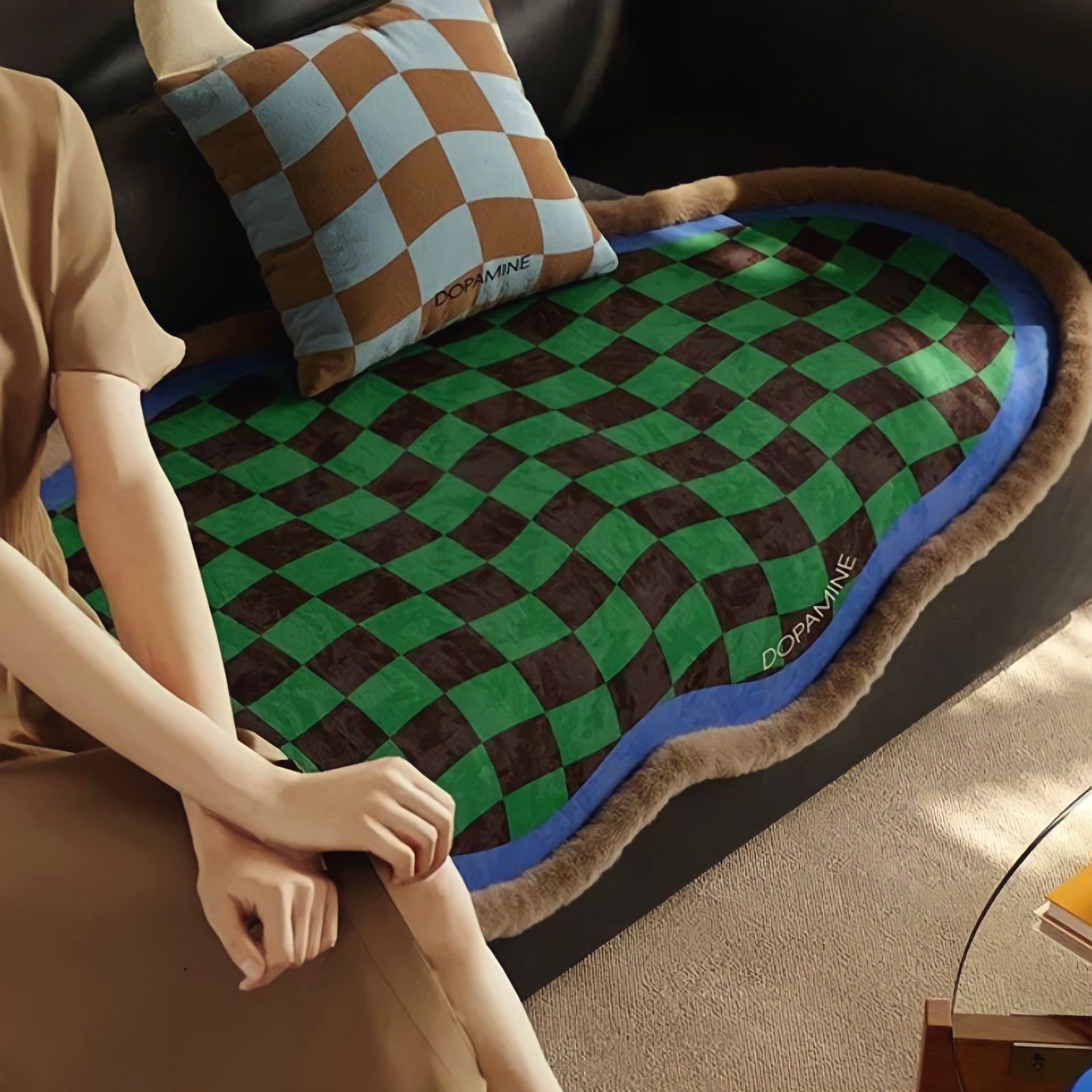 ウェーブブロックチェックシートクッション　ブルー