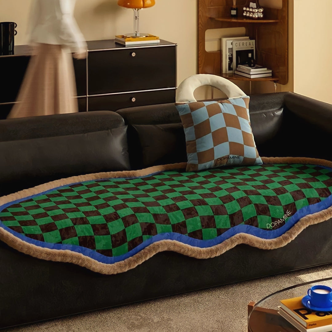 ウェーブブロックチェックシートクッション　ブルー