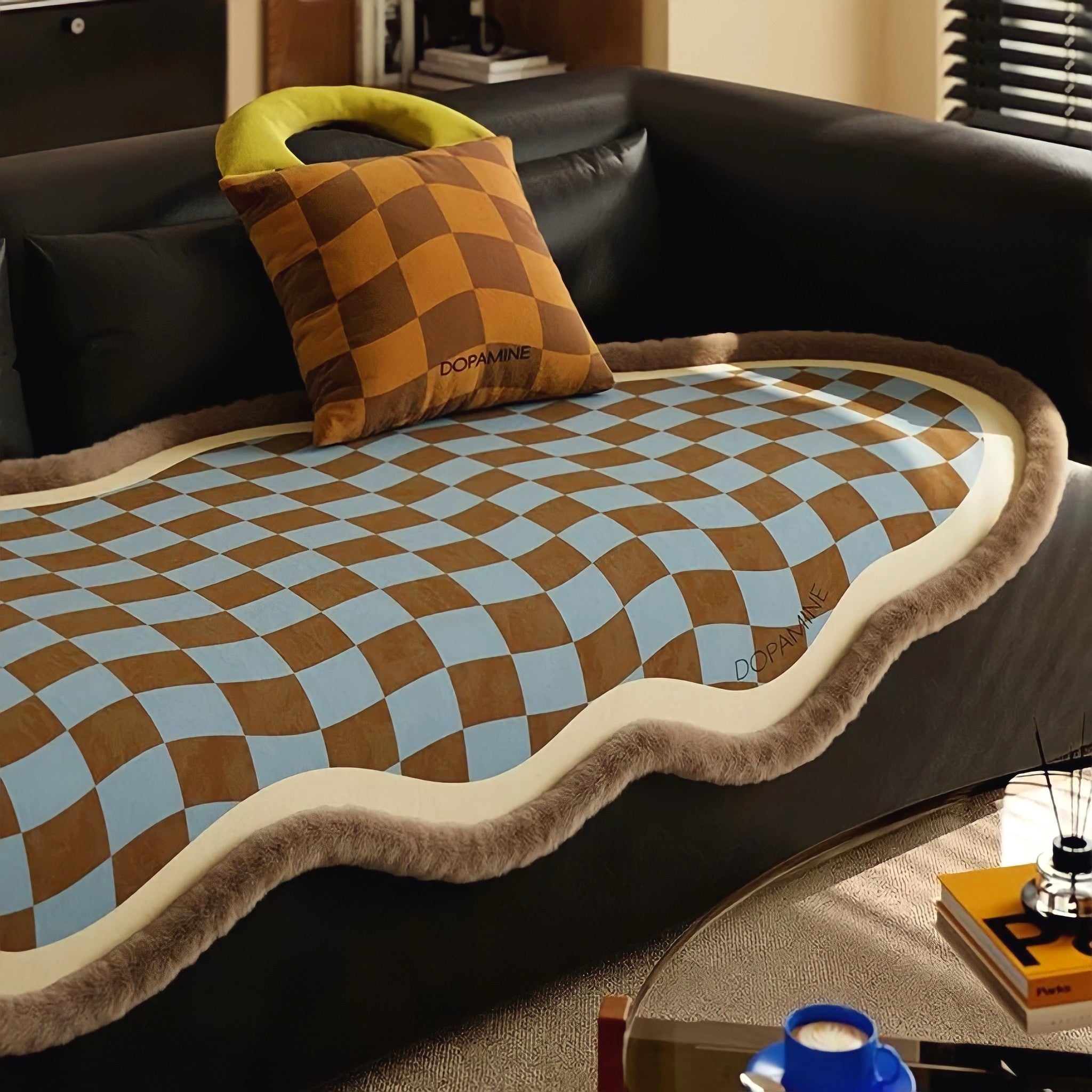 ウェーブブロックチェックシートクッション　ベージュ