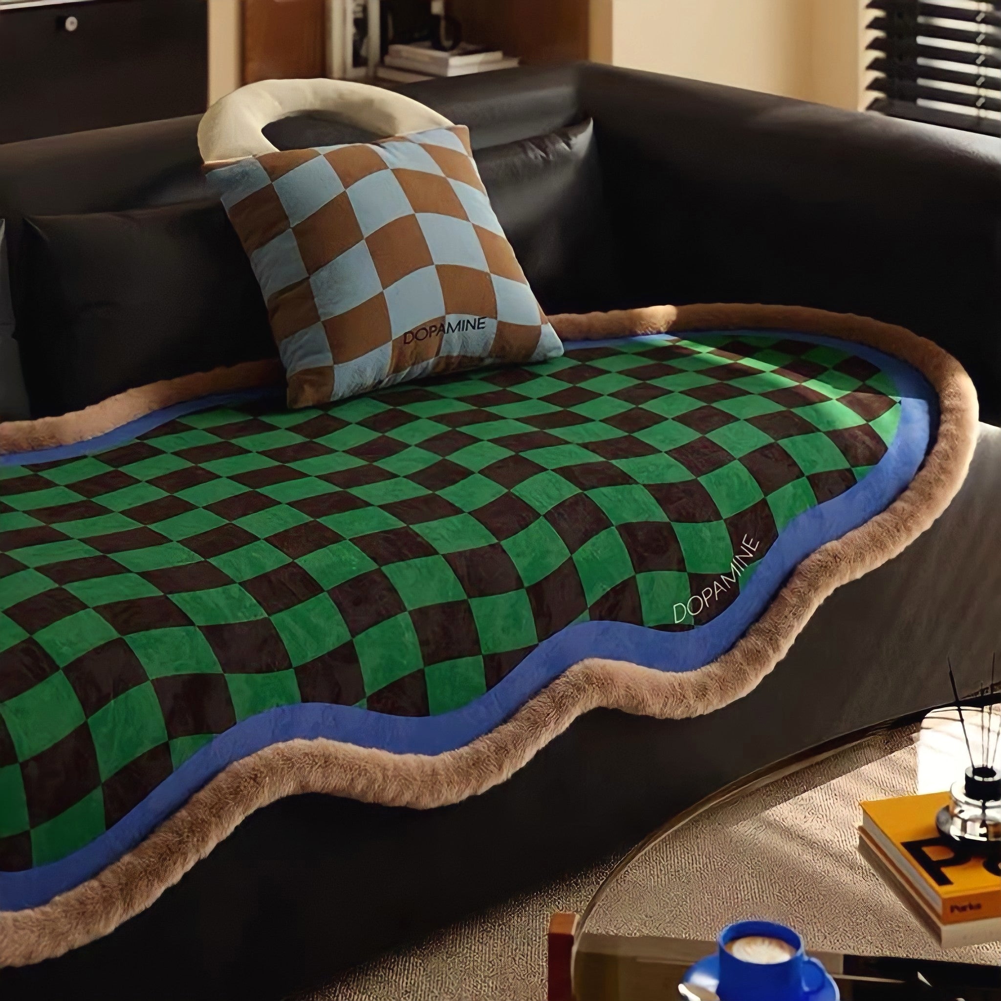 ウェーブブロックチェックシートクッション　ブルー