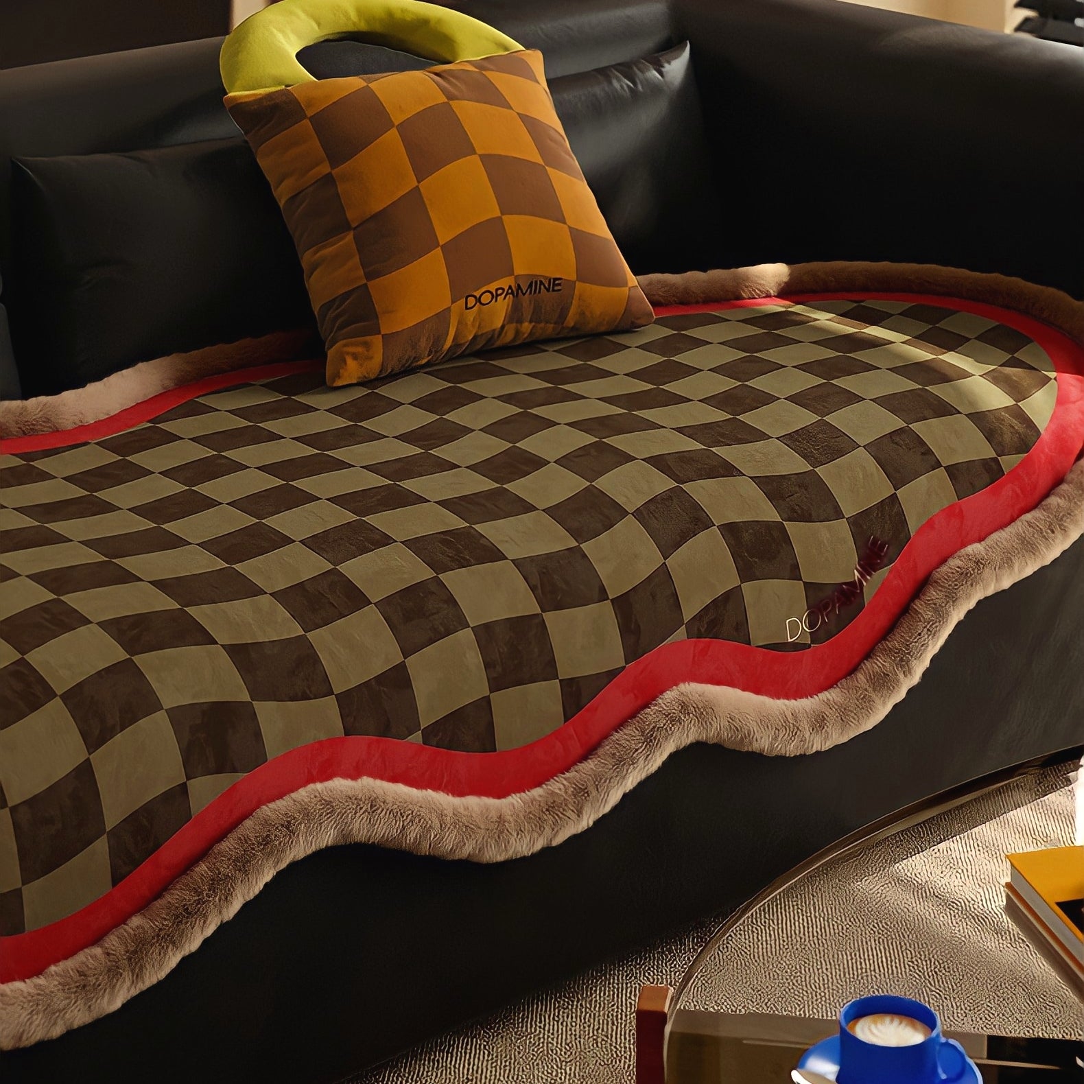 ウェーブブロックチェックシートクッション　レッド