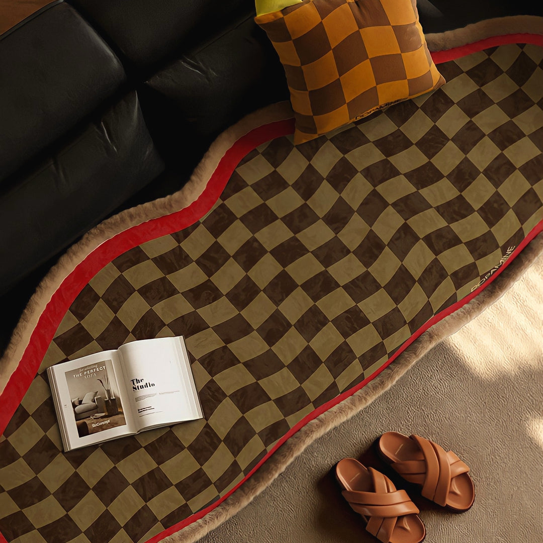 ウェーブブロックチェックシートクッション　レッド