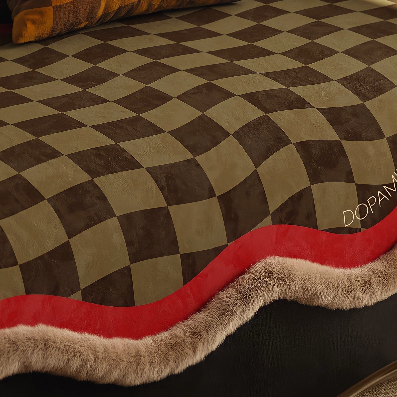 ウェーブブロックチェックシートクッション　レッド