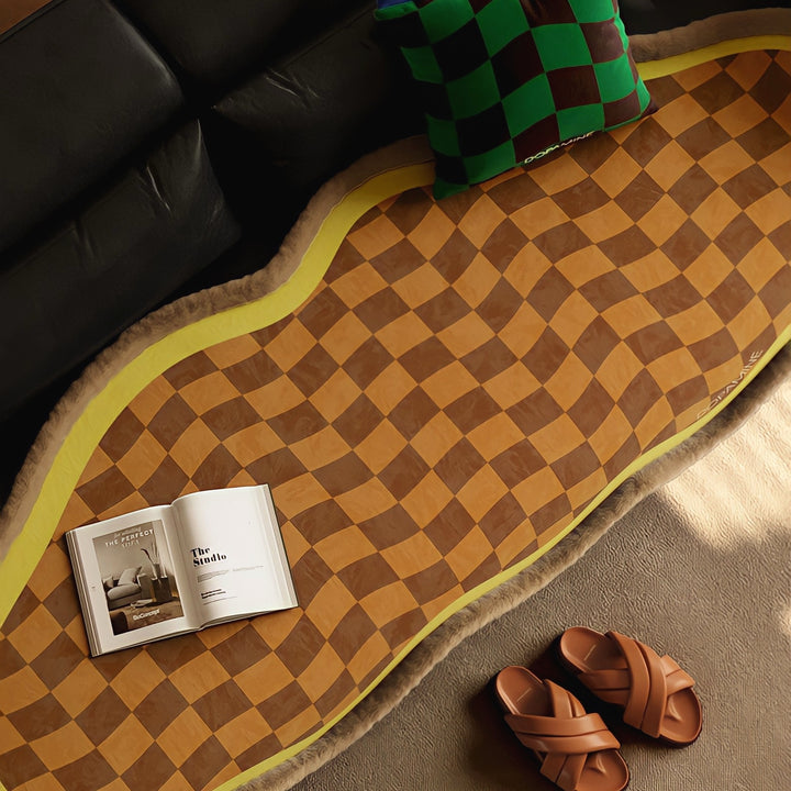 ウェーブブロックチェックシートクッション　イエロー