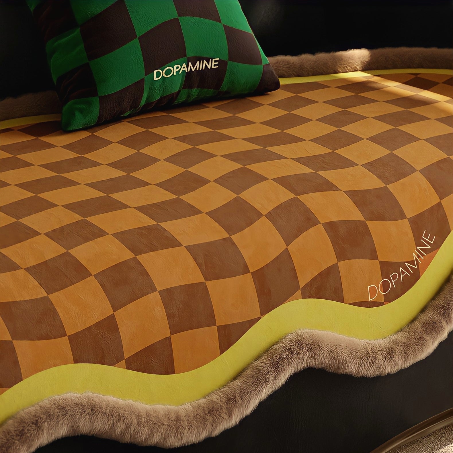 ウェーブブロックチェックシートクッション　イエロー