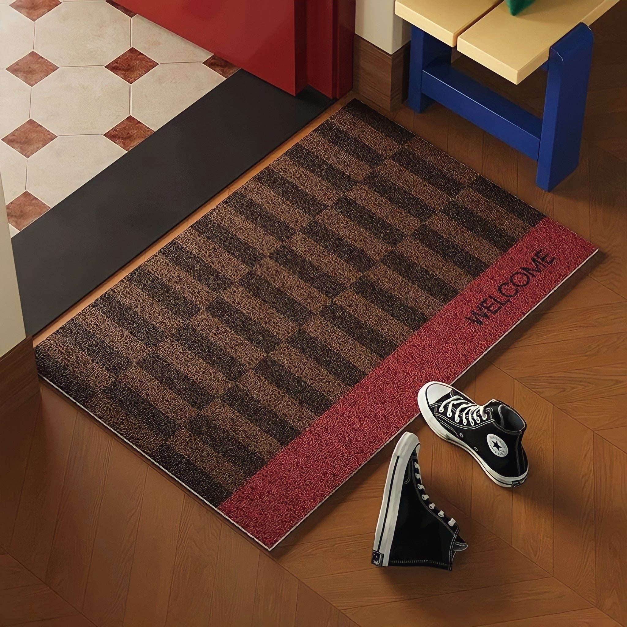 Yellow Block Check Door Mat