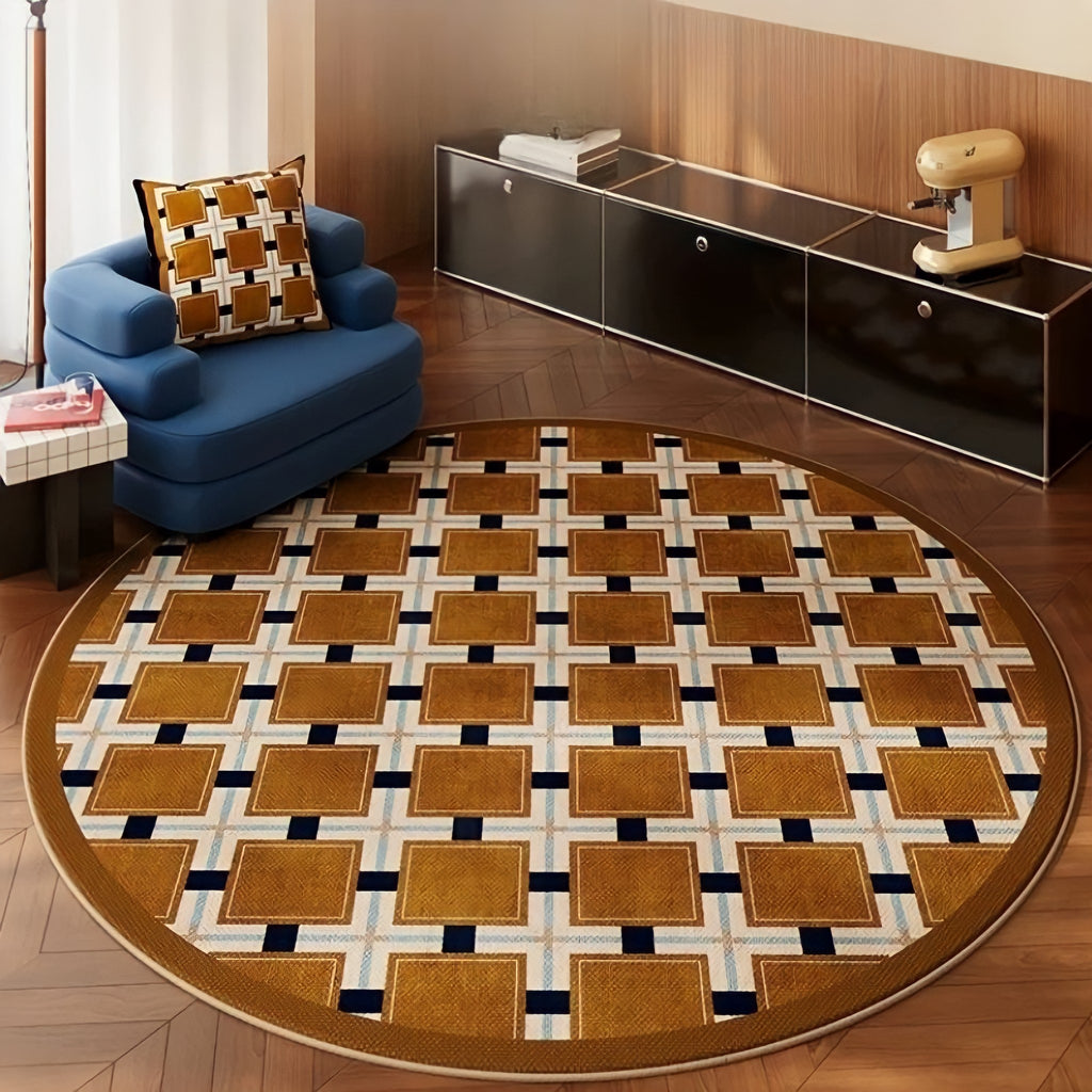 レトロパターンブロックチェックラウンドラグカーペット キャメル – kocol