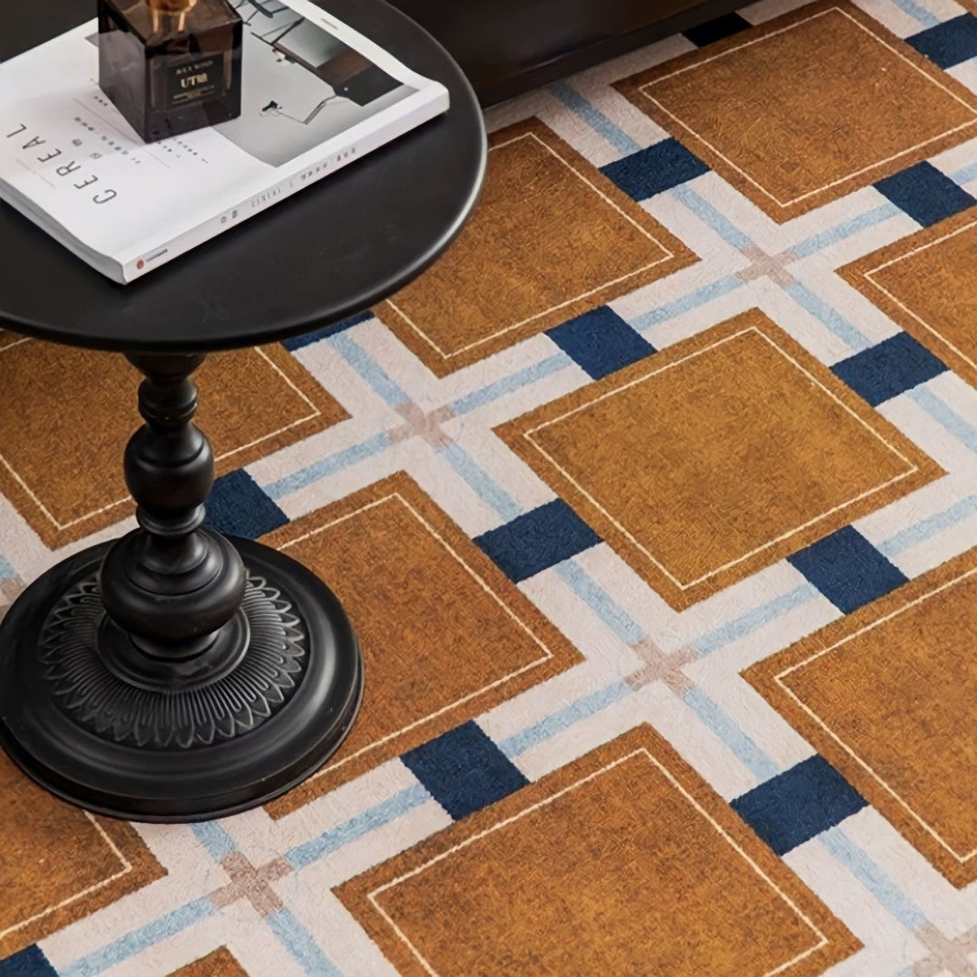 レトロパターンブロックチェックラウンドラグカーペット キャメル