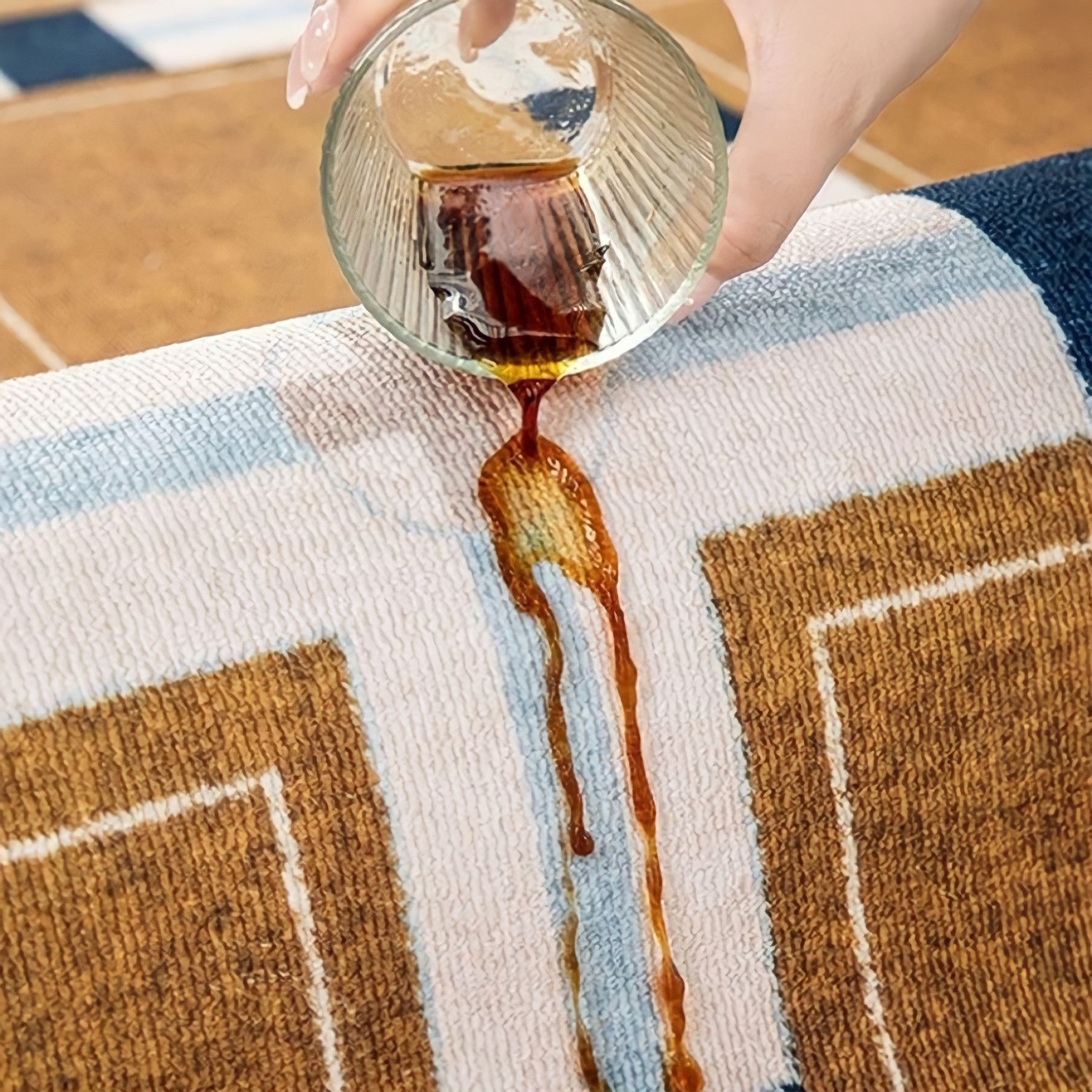 レトロパターンブロックチェックラウンドラグカーペット キャメル