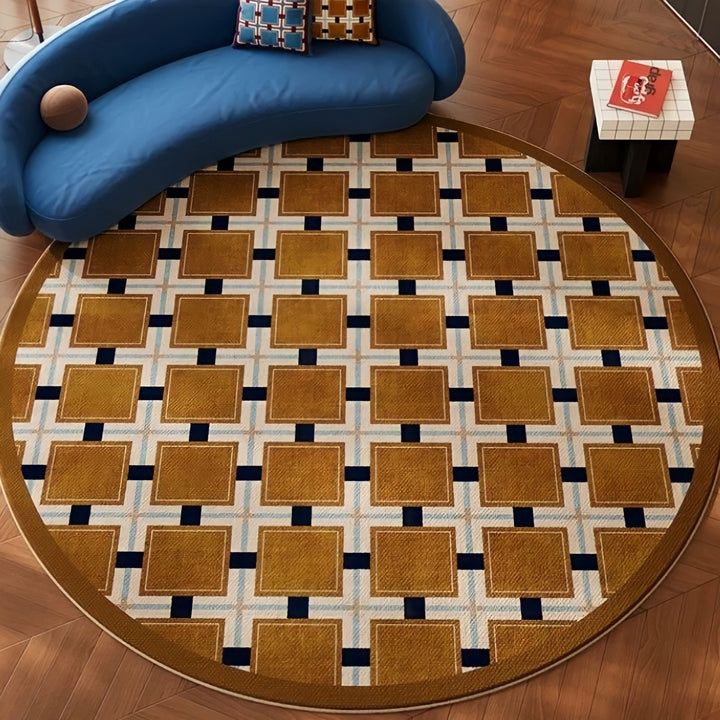 レトロパターンブロックチェックラウンドラグカーペット キャメル
