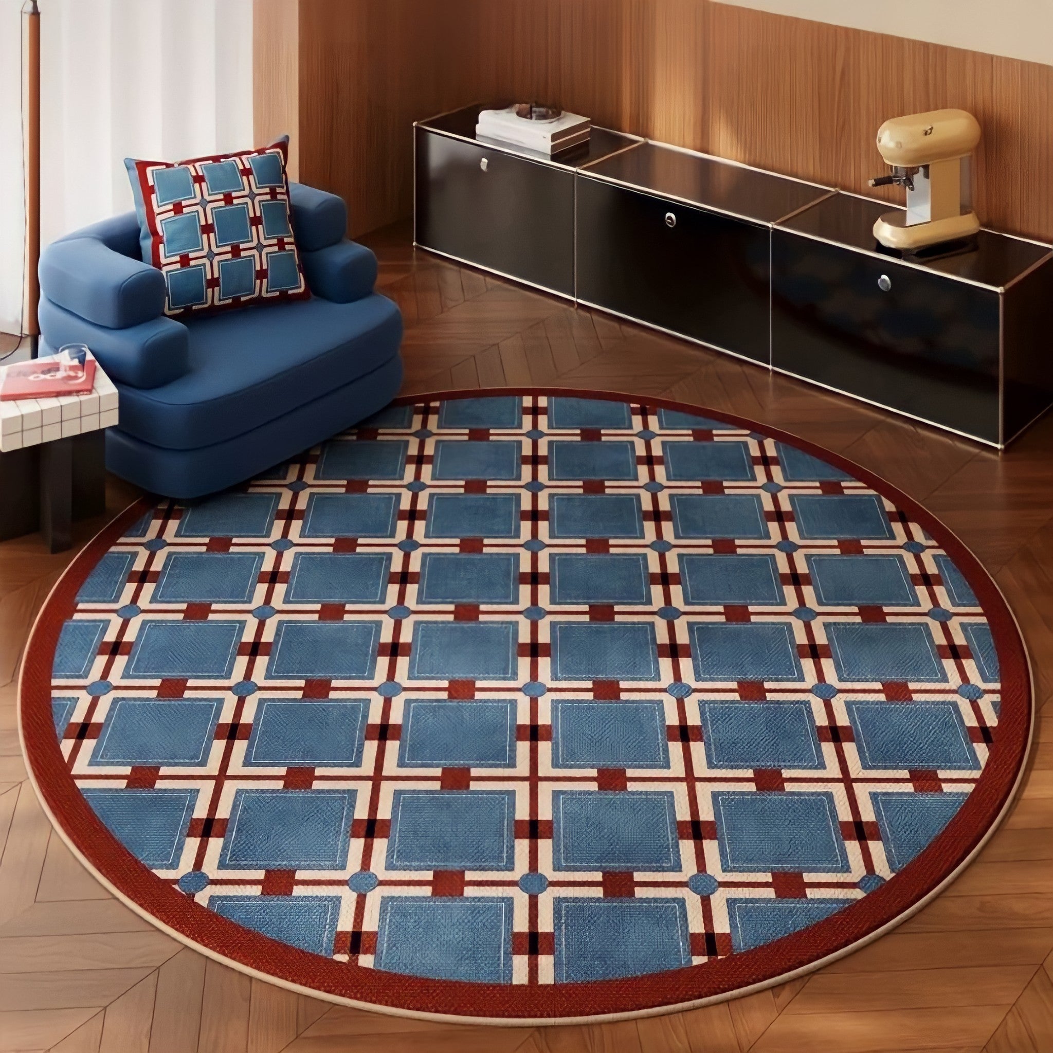レトロパターンブロックチェックラウンドラグカーペット ブルー