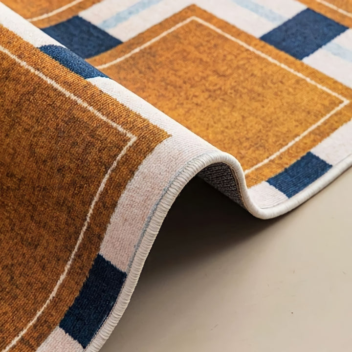 レトロパターンブロックチェックラウンドラグカーペット キャメル