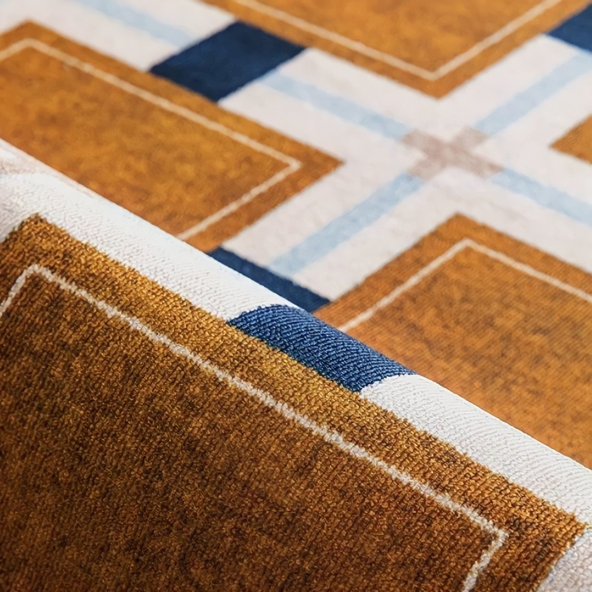 レトロパターンブロックチェックラウンドラグカーペット キャメル