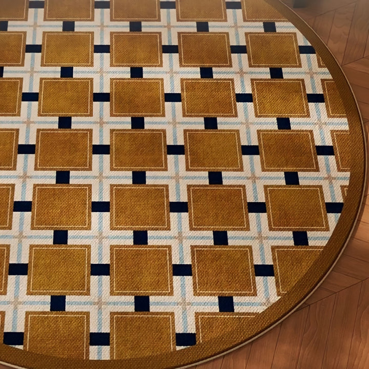 レトロパターンブロックチェックラウンドラグカーペット キャメル