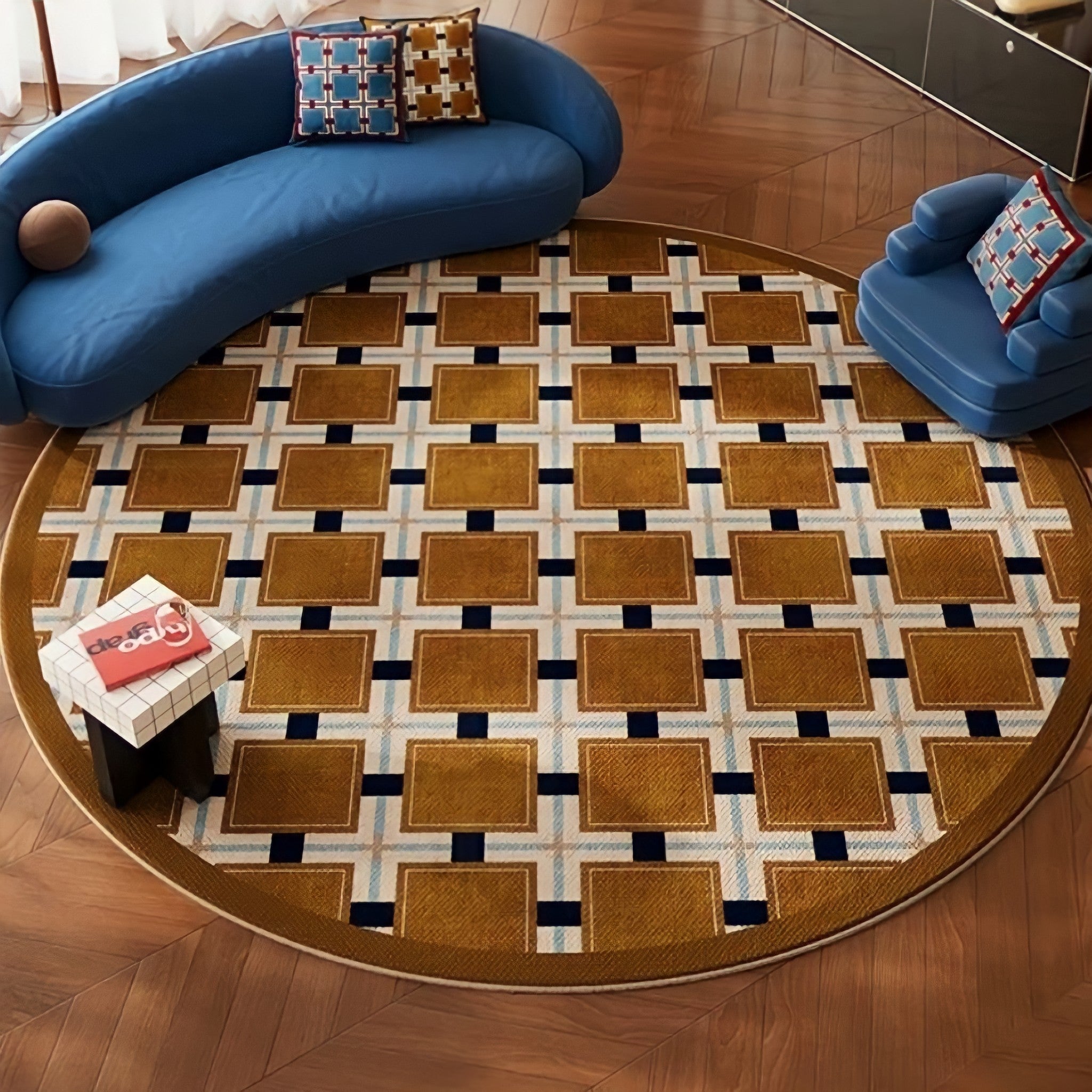 レトロパターンブロックチェックラウンドラグカーペット キャメル