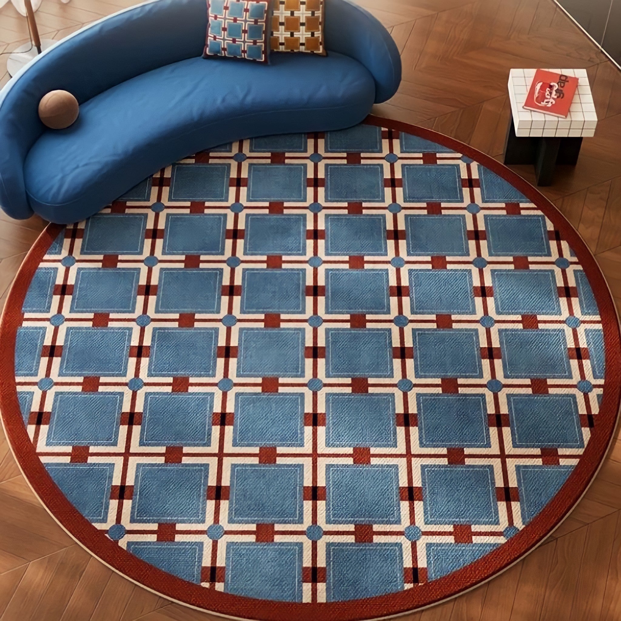 レトロパターンブロックチェックラウンドラグカーペット ブルー
