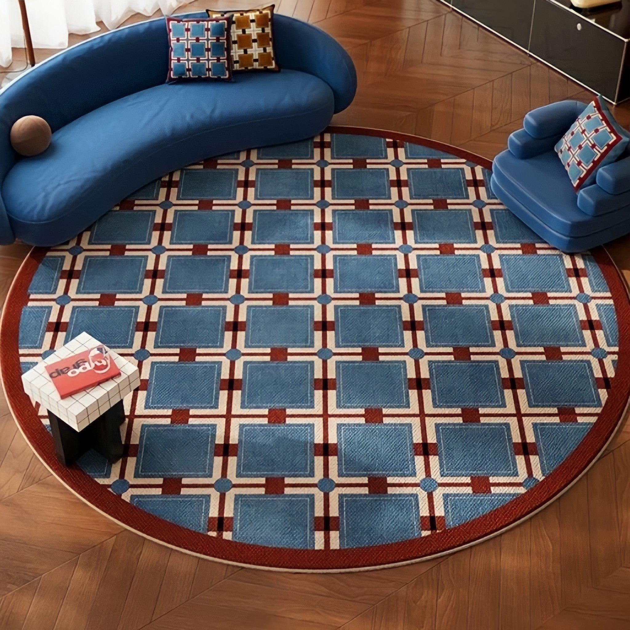レトロパターンブロックチェックラウンドラグカーペット ブルー