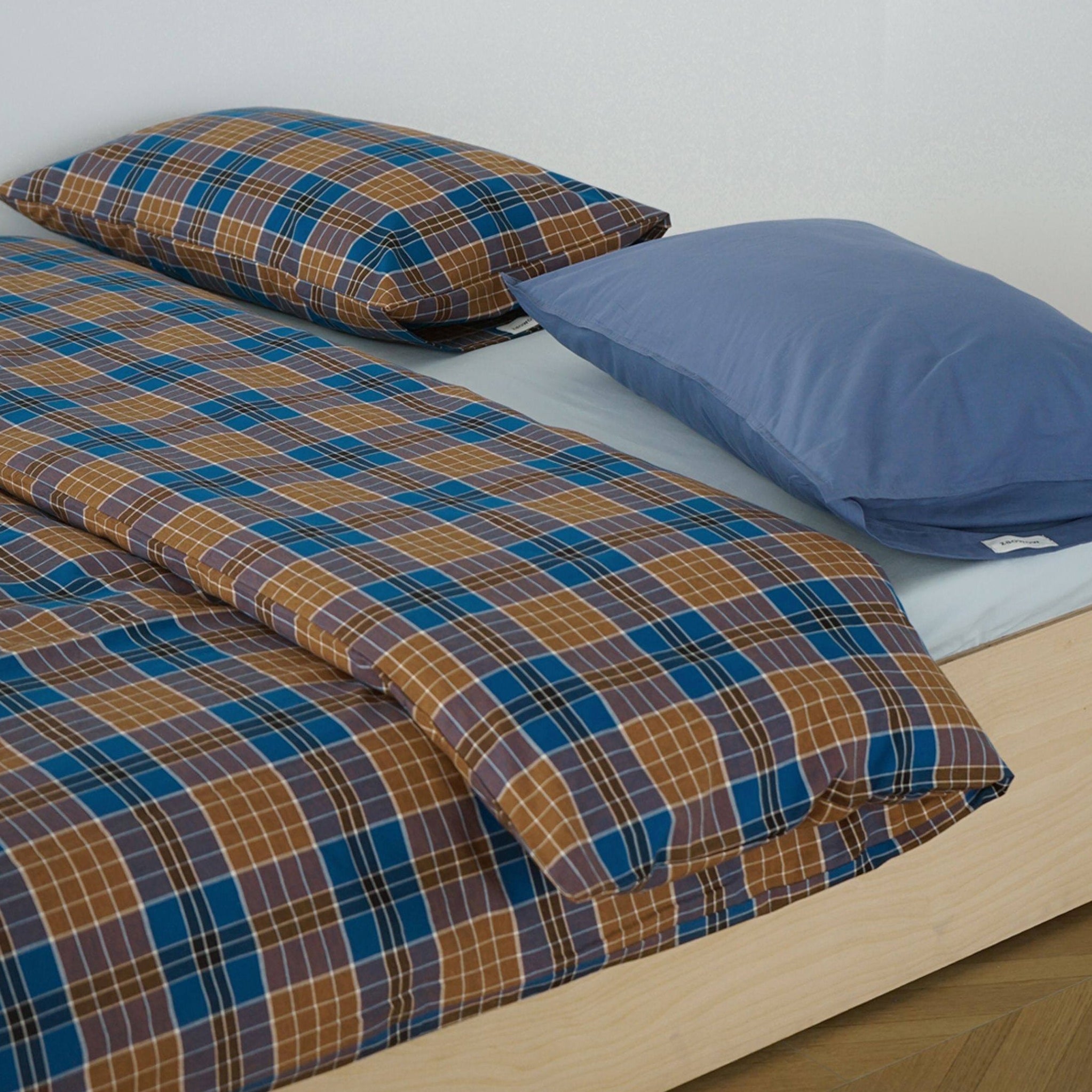 ピュアコットンチェック柄寝具カバー ブラウンブルー