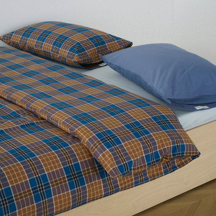 ピュアコットンチェック柄寝具カバー ブラウンブルー