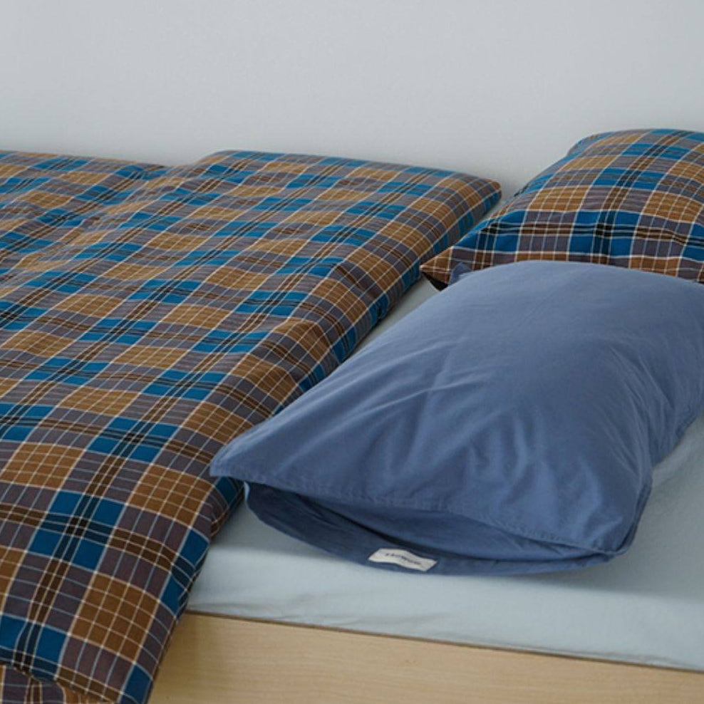ピュアコットンチェック柄寝具カバー ブラウンブルー