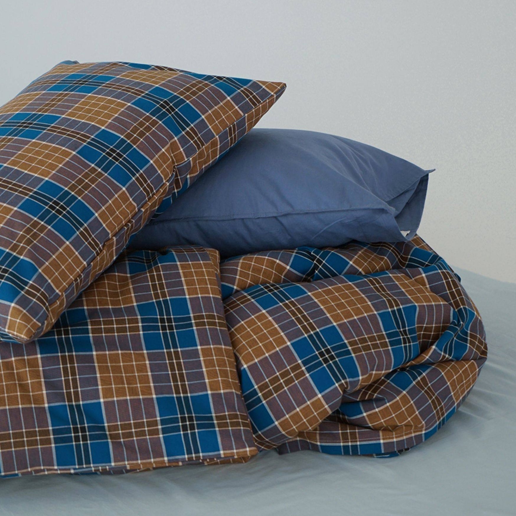 ピュアコットンチェック柄寝具カバー ブラウンブルー