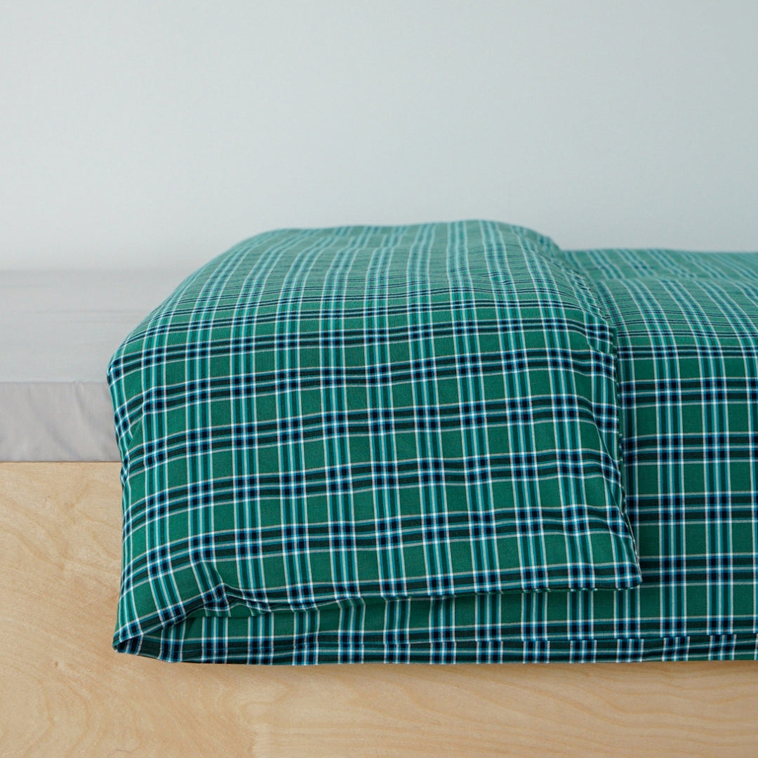 ピュアコットンチェック柄寝具カバー エメラルドグリーン