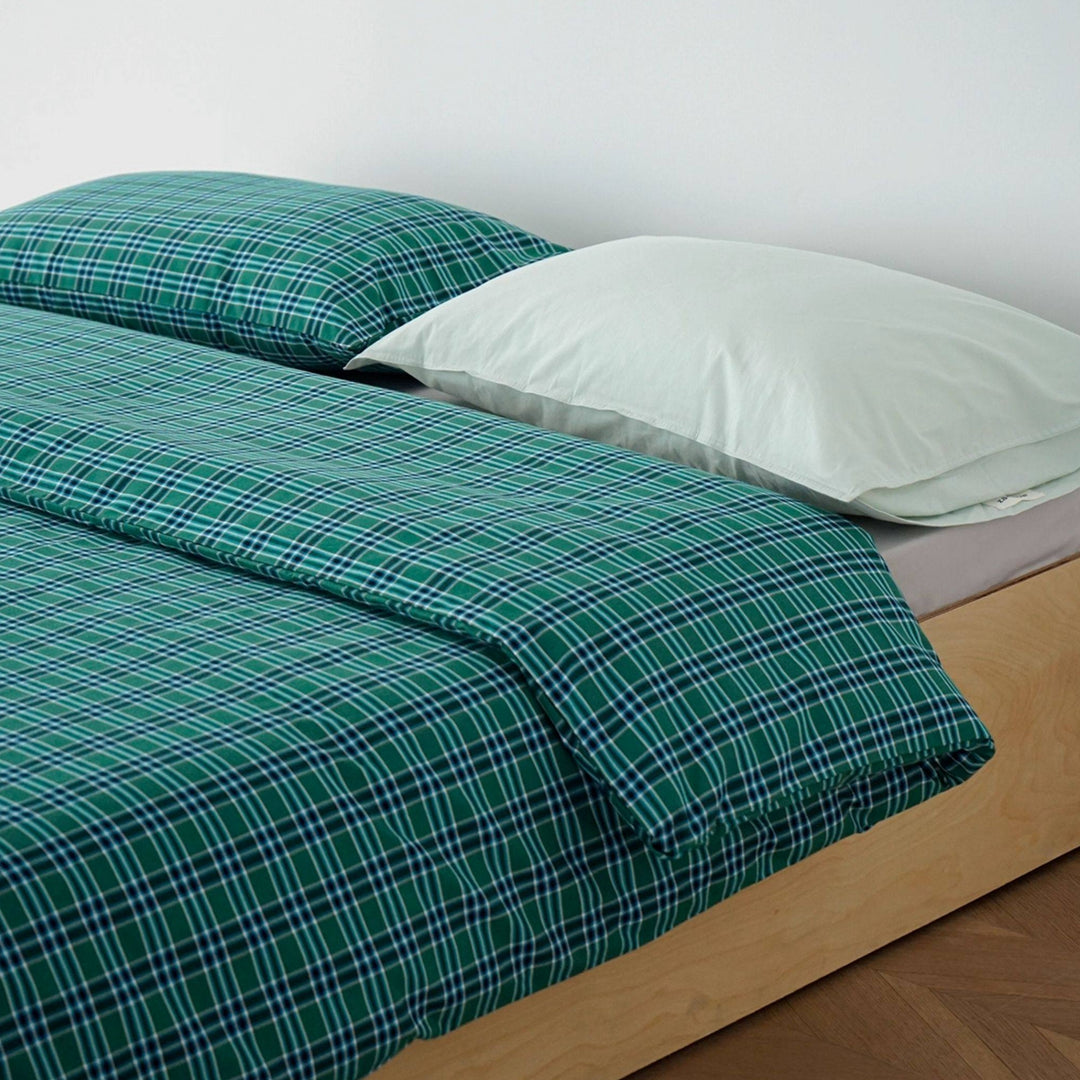 ピュアコットンチェック柄寝具カバー エメラルドグリーン
