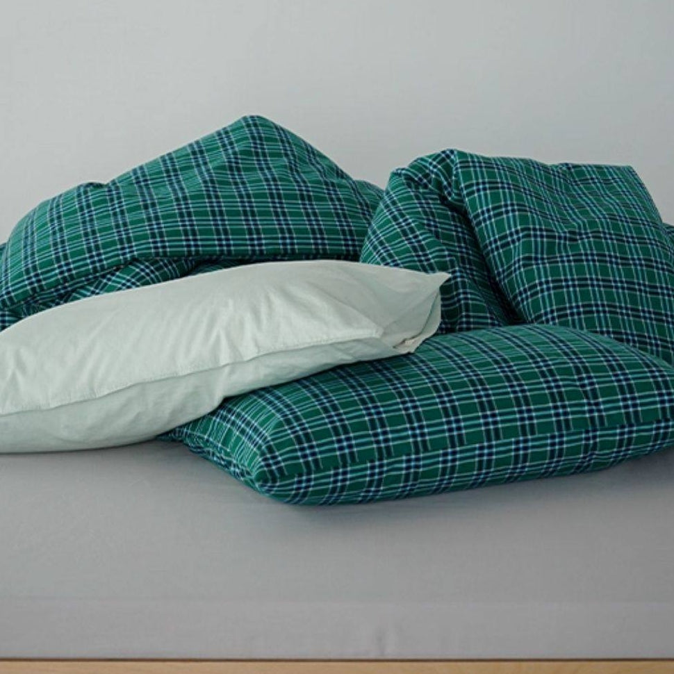 ピュアコットンチェック柄寝具カバー エメラルドグリーン