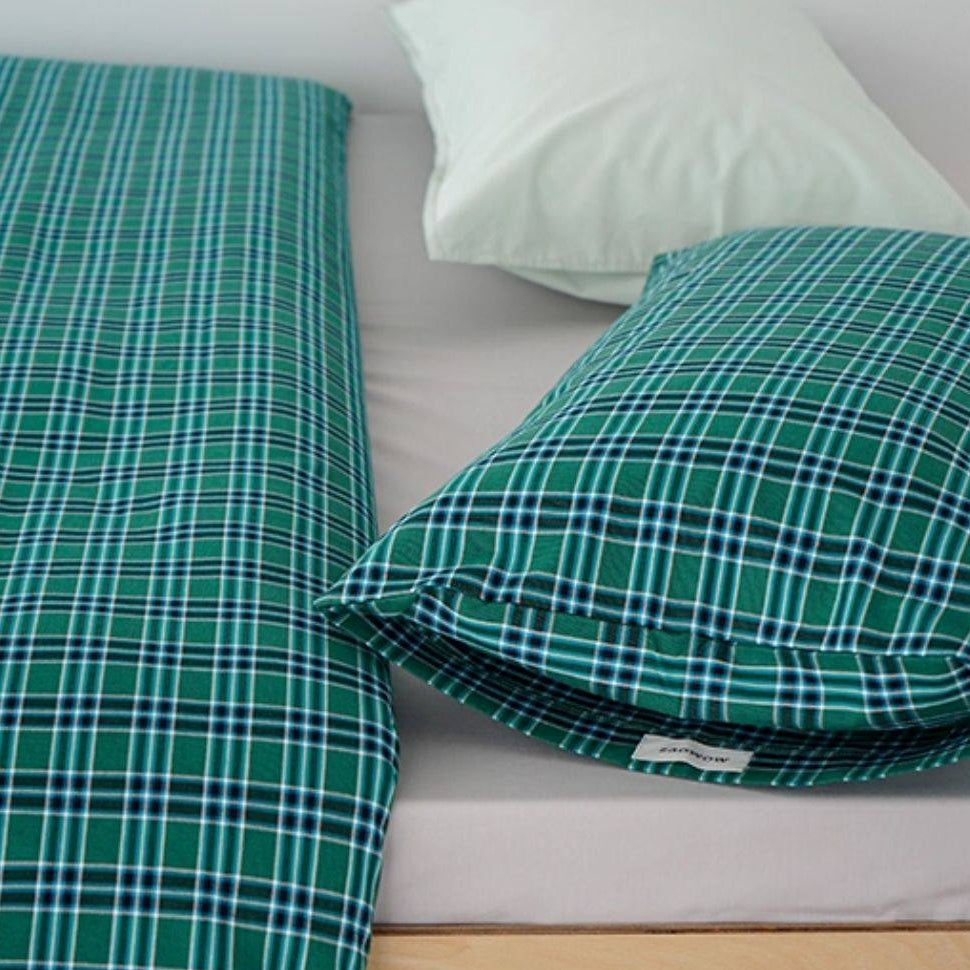 ピュアコットンチェック柄寝具カバー エメラルドグリーン