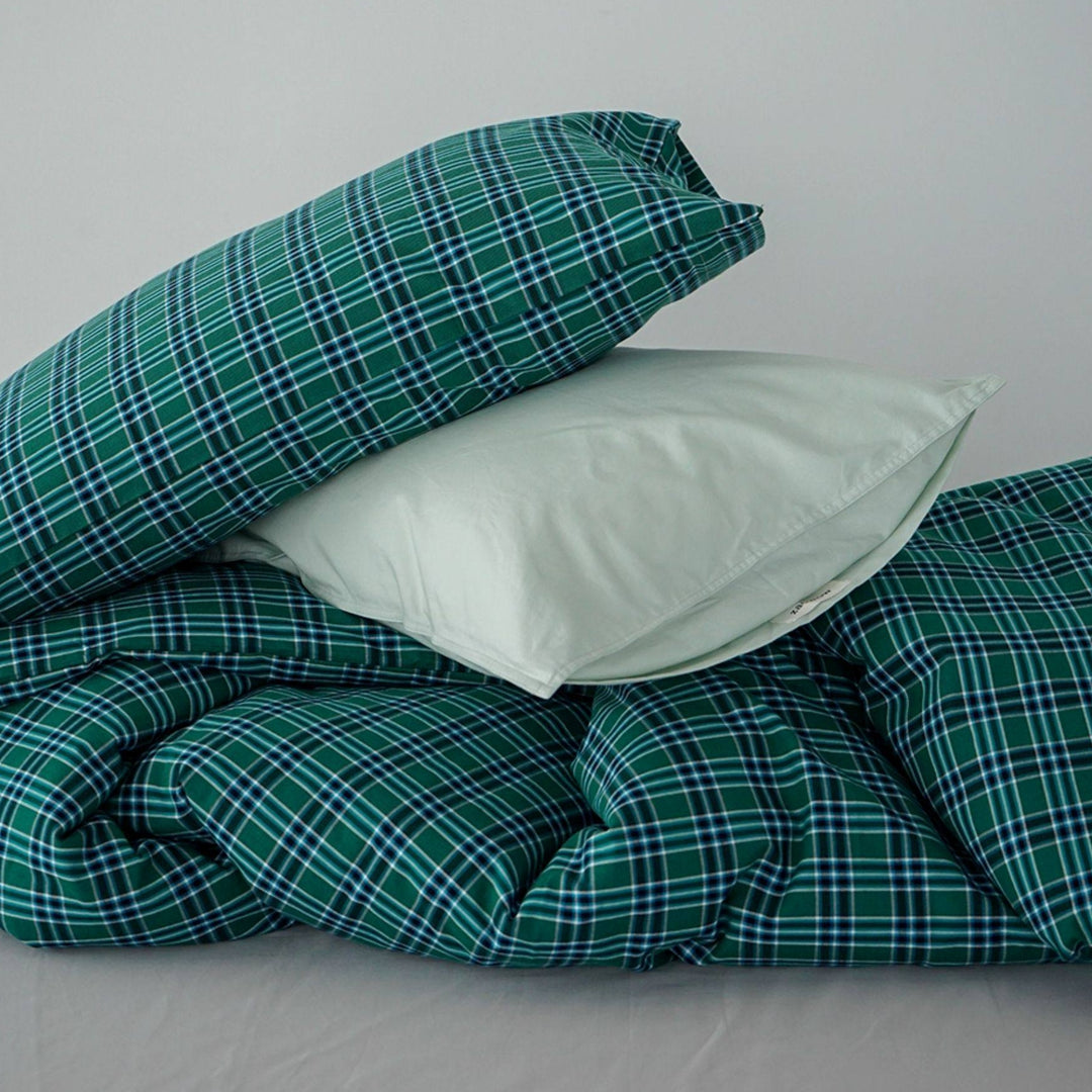 ピュアコットンチェック柄寝具カバー エメラルドグリーン