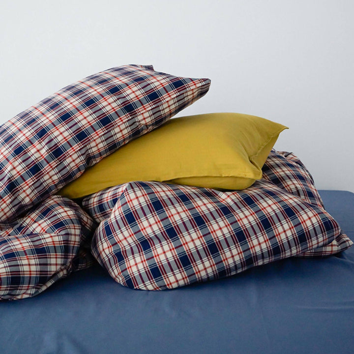 ピュアコットンチェック柄寝具カバー レッドネイビー