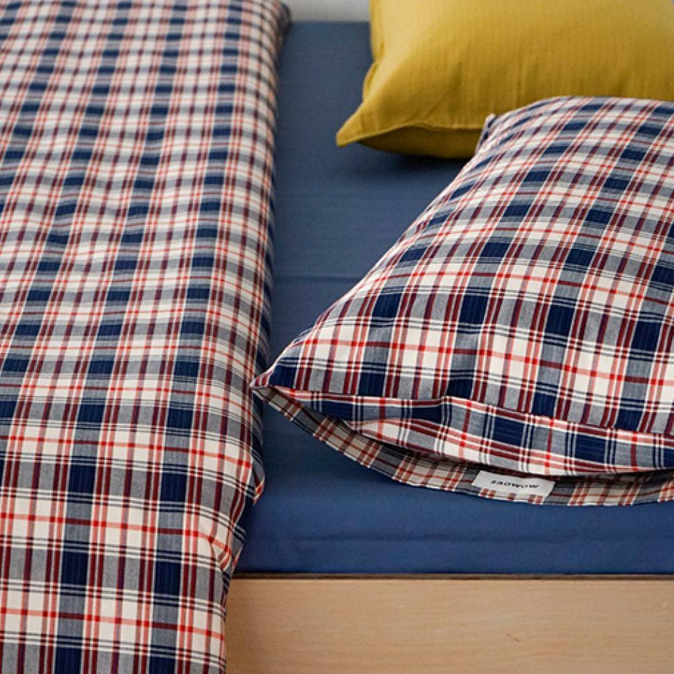 ピュアコットンチェック柄寝具カバー レッドネイビー