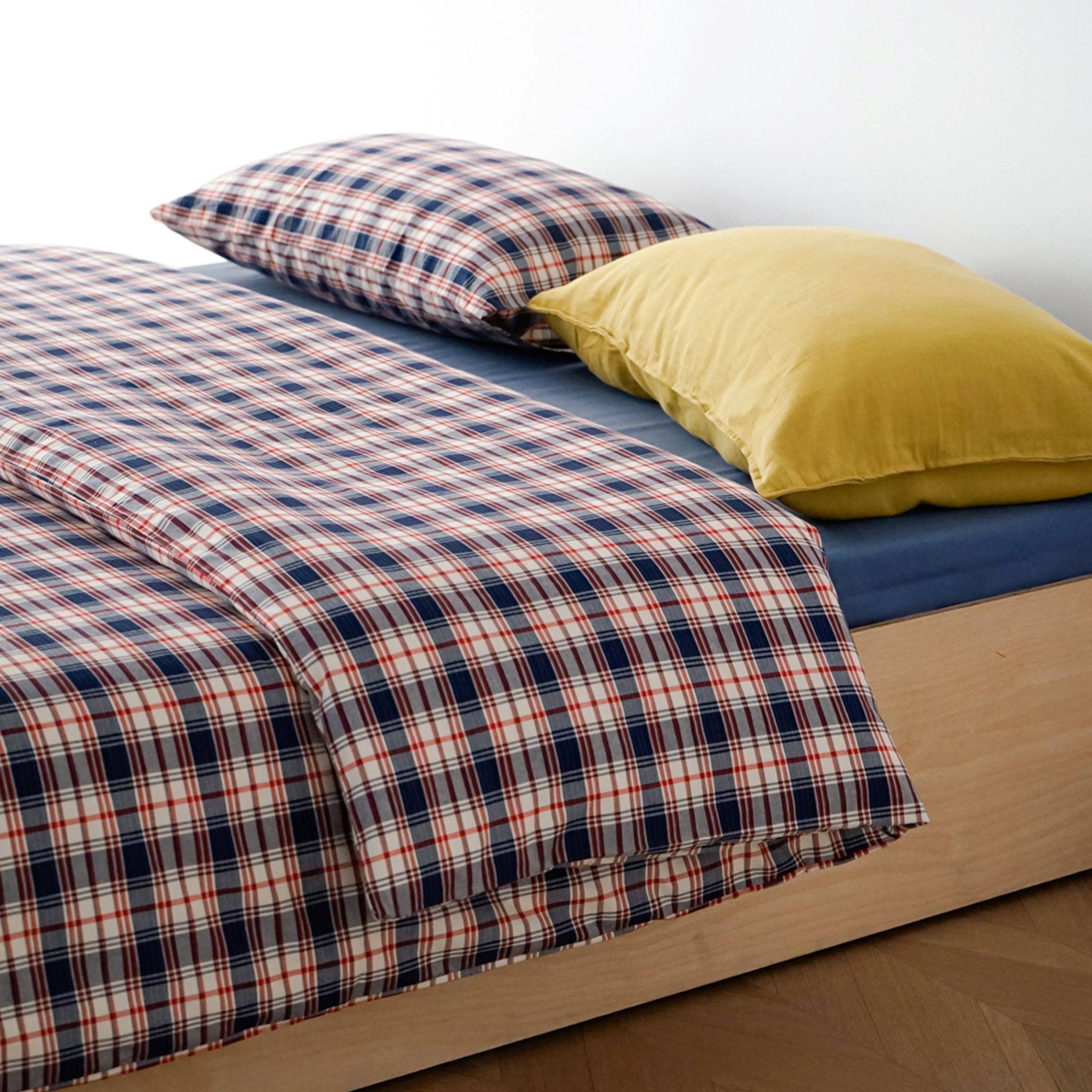 ピュアコットンチェック柄寝具カバー レッドネイビー