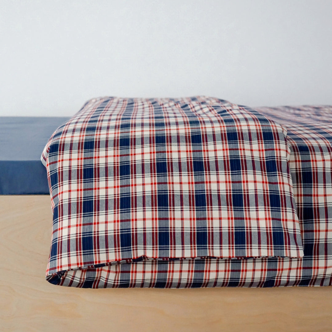ピュアコットンチェック柄寝具カバー レッドネイビー