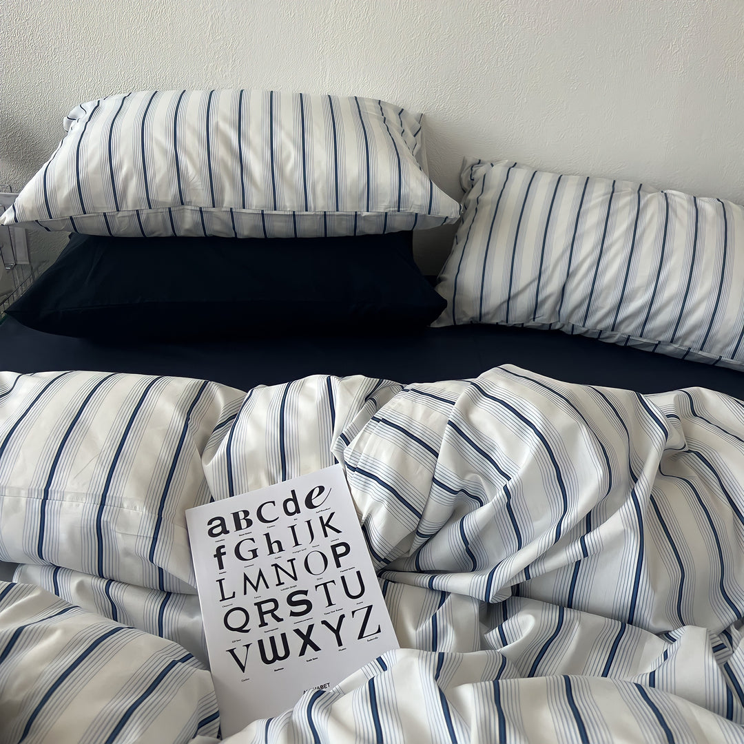 Repeat Pinstripe Pure Cotton Bedding Set - Navy