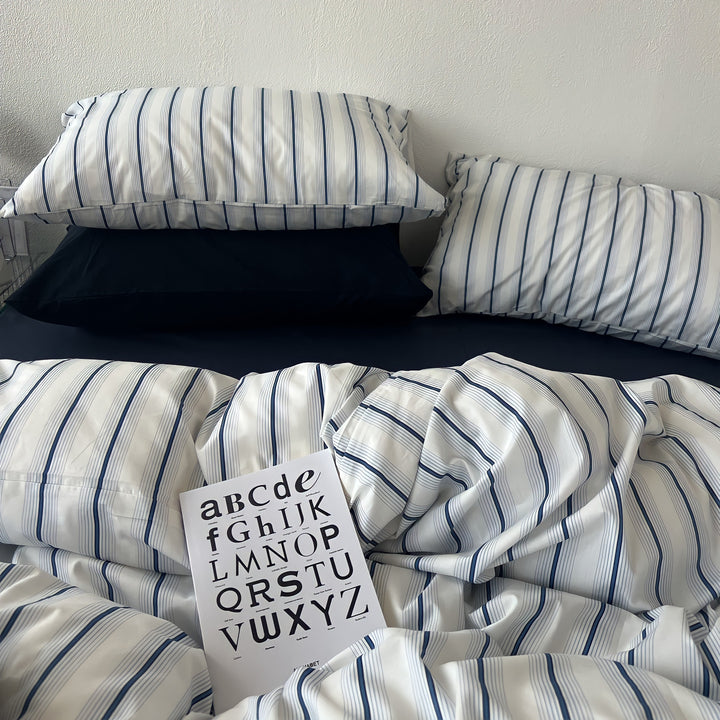 Repeat Pinstripe Pure Cotton Bedding Set - Navy