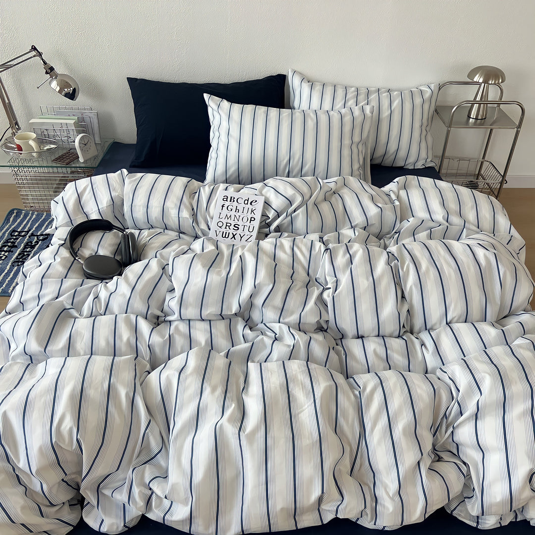 Repeat Pinstripe Pure Cotton Bedding Set - Navy